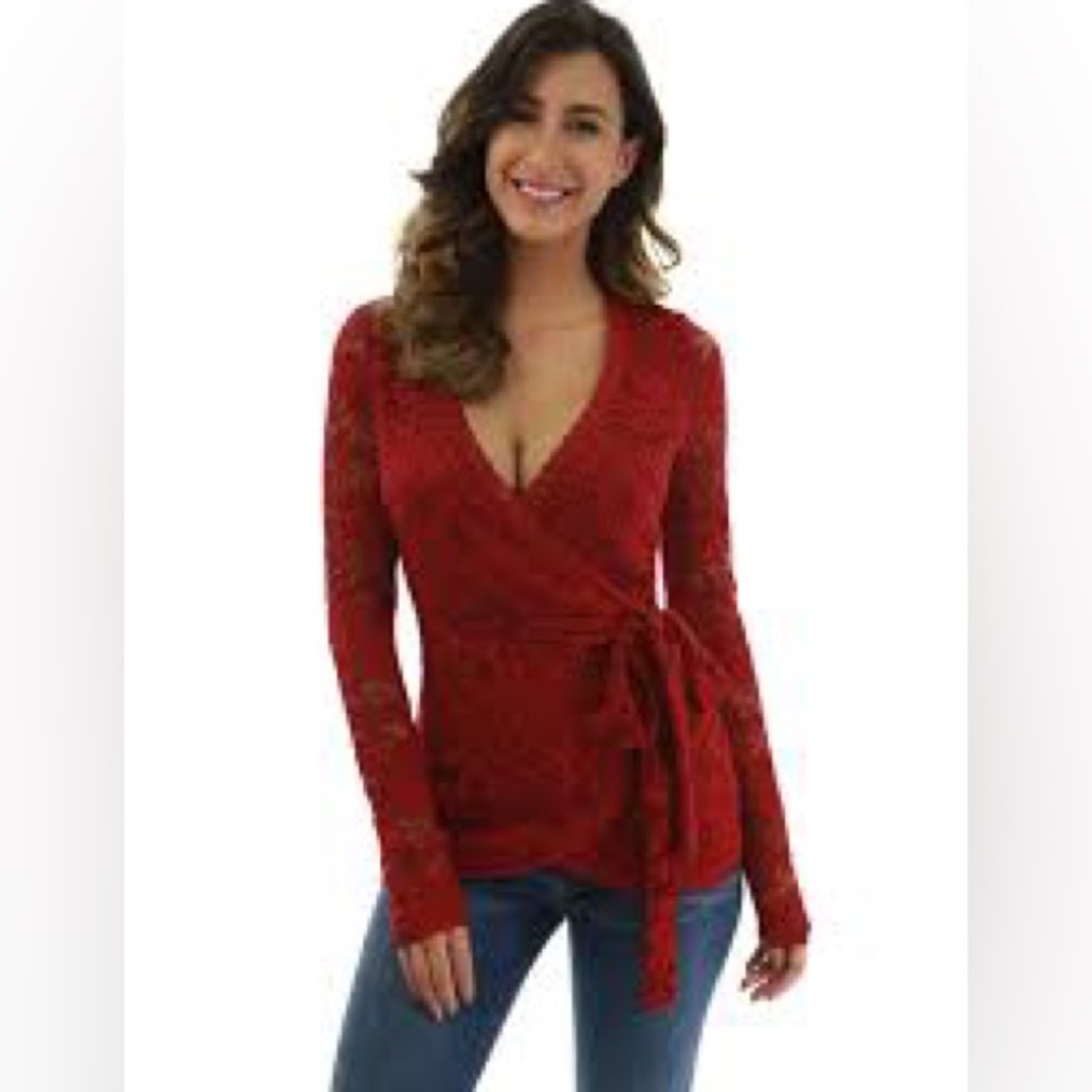 PattyBoutik Floral Lace Long Sleeve Wrap Blouse